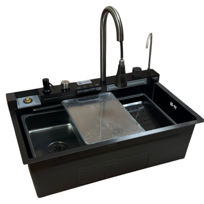 Кухонна мийка водоспад VIOR HandMade 75x45 Графіт Декор JYB (Товщина 3.0/1,0 мм + підсвітка, 5 кнопок та максимальна комплектація)