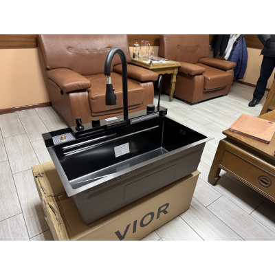 Кухонна мийка VIOR HandMade 75-45 NanoBlack Водоспад PRO